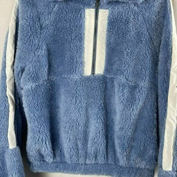 BP Womens Fuzzy Hooded Pullover Sweatshirt Blue & White Size S - Picture 7 of 8